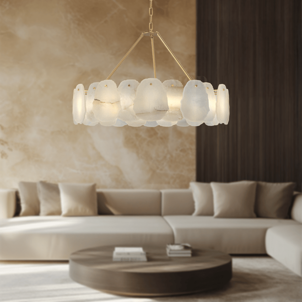 Alba Chandelier – Nature-Inspired Solid Brass & Layered Alabaster Lighting Fixture with Brushed Gold Finish