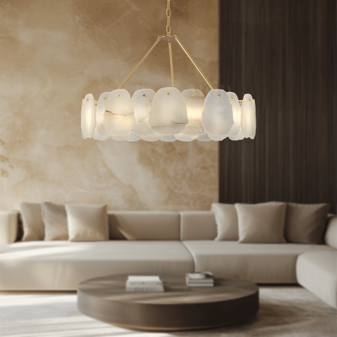 Alba Chandelier – Nature-Inspired Solid Brass & Layered Alabaster Lighting Fixture with Brushed Gold Finish