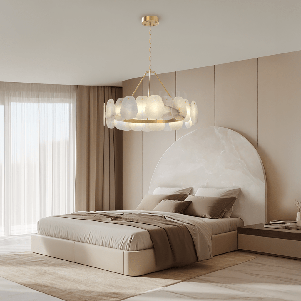 Alba Chandelier – Nature-Inspired Solid Brass & Layered Alabaster Lighting Fixture with Brushed Gold Finish