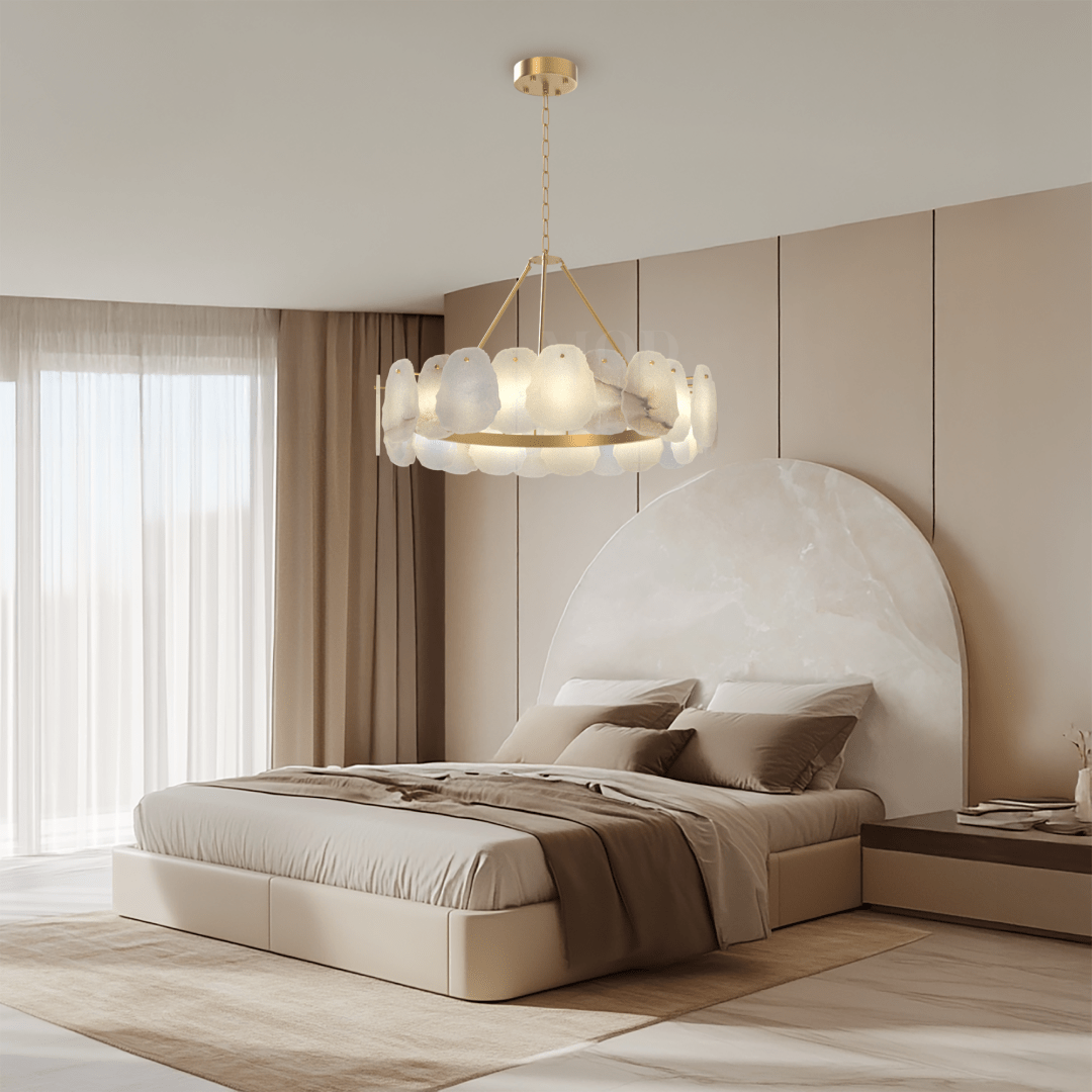 Alba Chandelier – Nature-Inspired Solid Brass & Layered Alabaster Lighting Fixture with Brushed Gold Finish