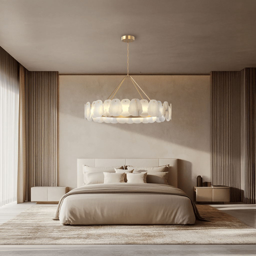 Alba Chandelier – Nature-Inspired Solid Brass & Layered Alabaster Lighting Fixture with Brushed Gold Finish