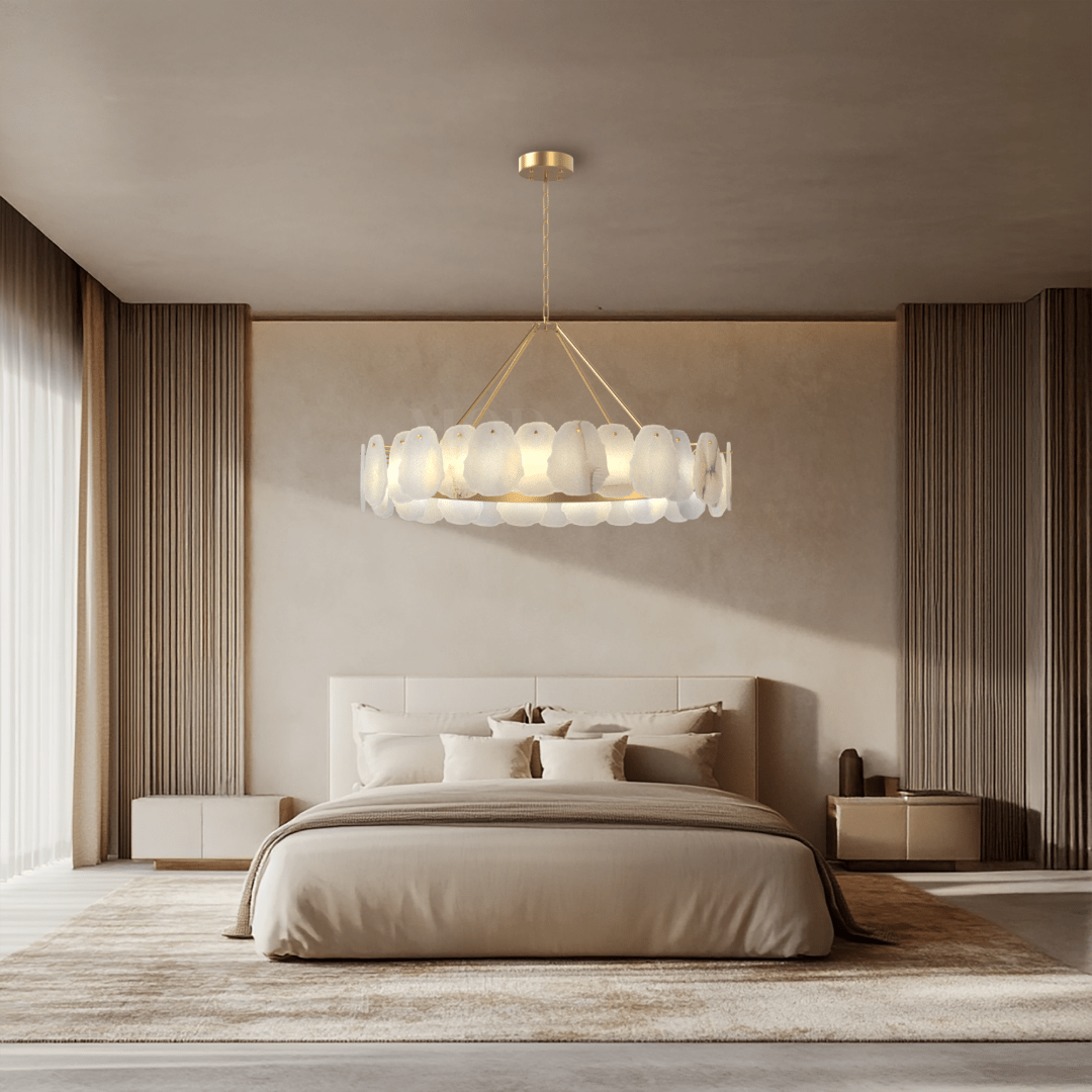 Alba Chandelier – Nature-Inspired Solid Brass & Layered Alabaster Lighting Fixture with Brushed Gold Finish