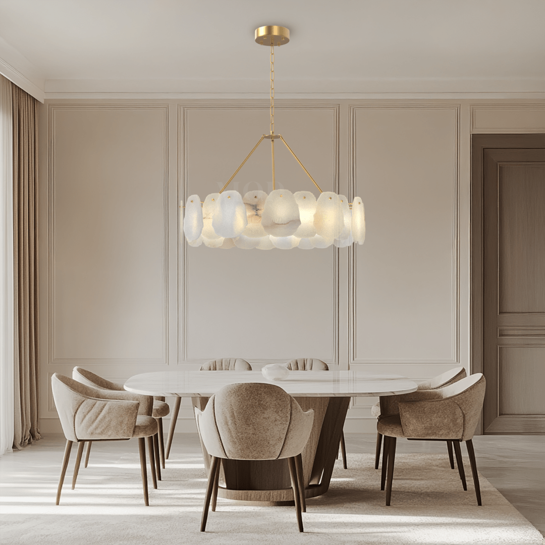 Alba Chandelier – Nature-Inspired Solid Brass & Layered Alabaster Lighting Fixture with Brushed Gold Finish