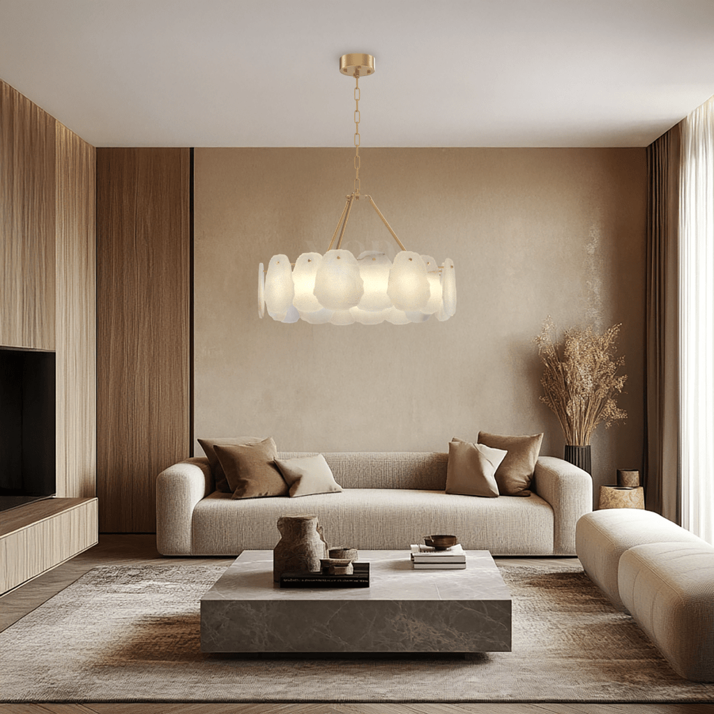 Alba Chandelier – Nature-Inspired Solid Brass & Layered Alabaster Lighting Fixture with Brushed Gold Finish