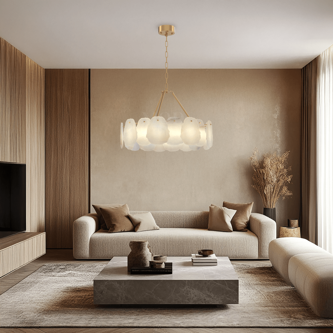 Alba Chandelier – Nature-Inspired Solid Brass & Layered Alabaster Lighting Fixture with Brushed Gold Finish