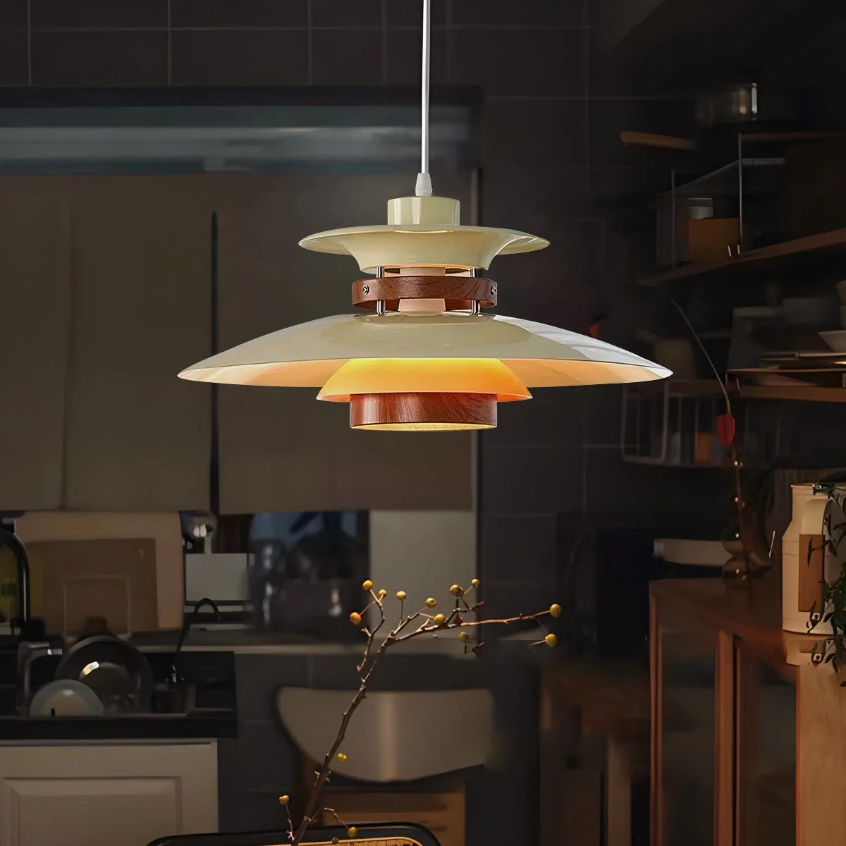 UFO Pendant Light | Adjustable Height, Durable Metal & Wood Design for Kitchen and Dining Areas