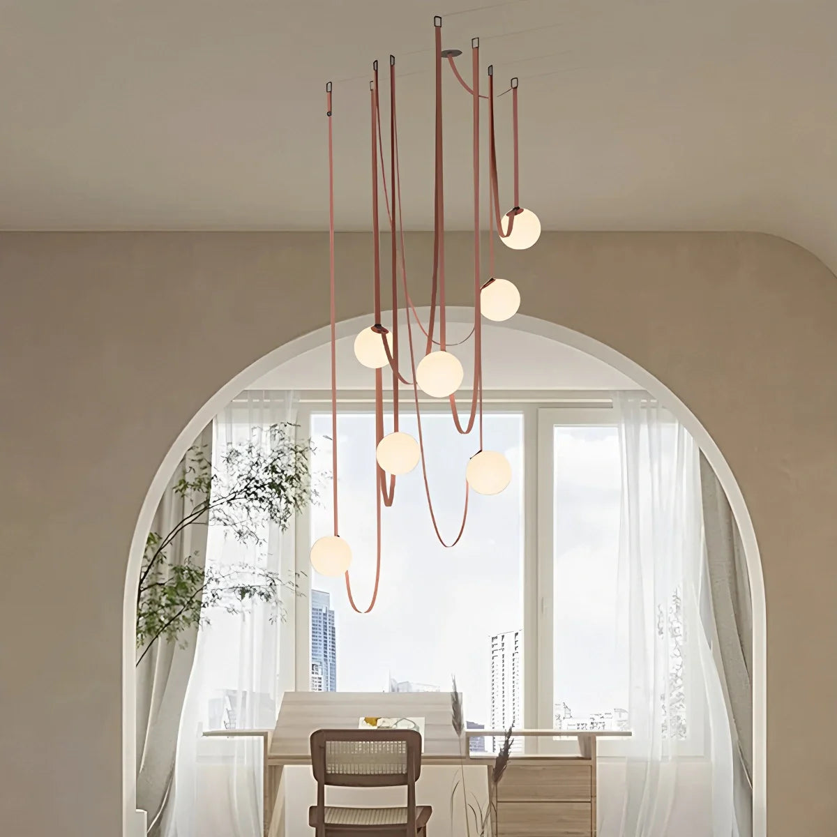 Modern Leather Strap Globe Pendant Light | Adjustable Frosted Glass Globes for High Ceilings & Statement Installations