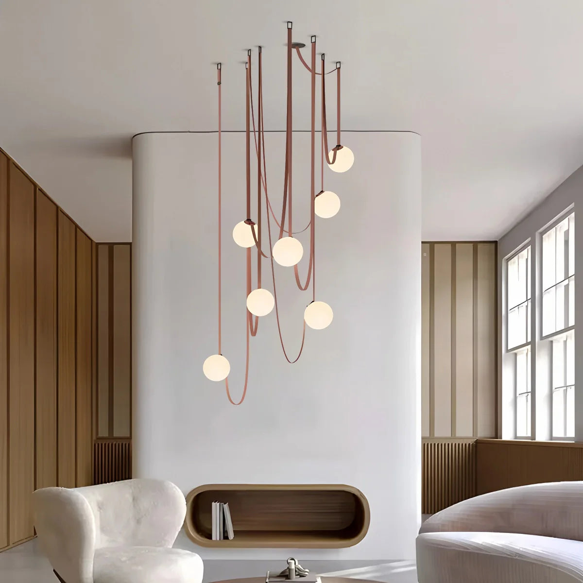 Modern Leather Strap Globe Pendant Light | Adjustable Frosted Glass Globes for High Ceilings & Statement Installations