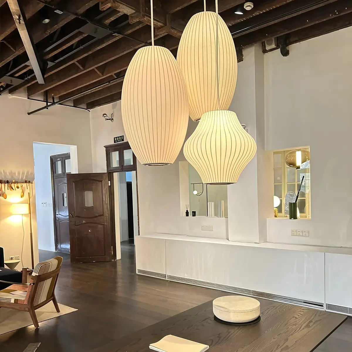 Vintage LED Silk Lantern Pendant Light | Adjustable Height, Sloped Ceiling Friendly & Ideal for Living Rooms and Dining Areas