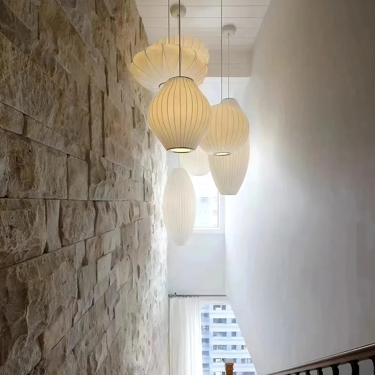 Vintage LED Silk Lantern Pendant Light | Adjustable Height, Sloped Ceiling Friendly & Ideal for Living Rooms and Dining Areas