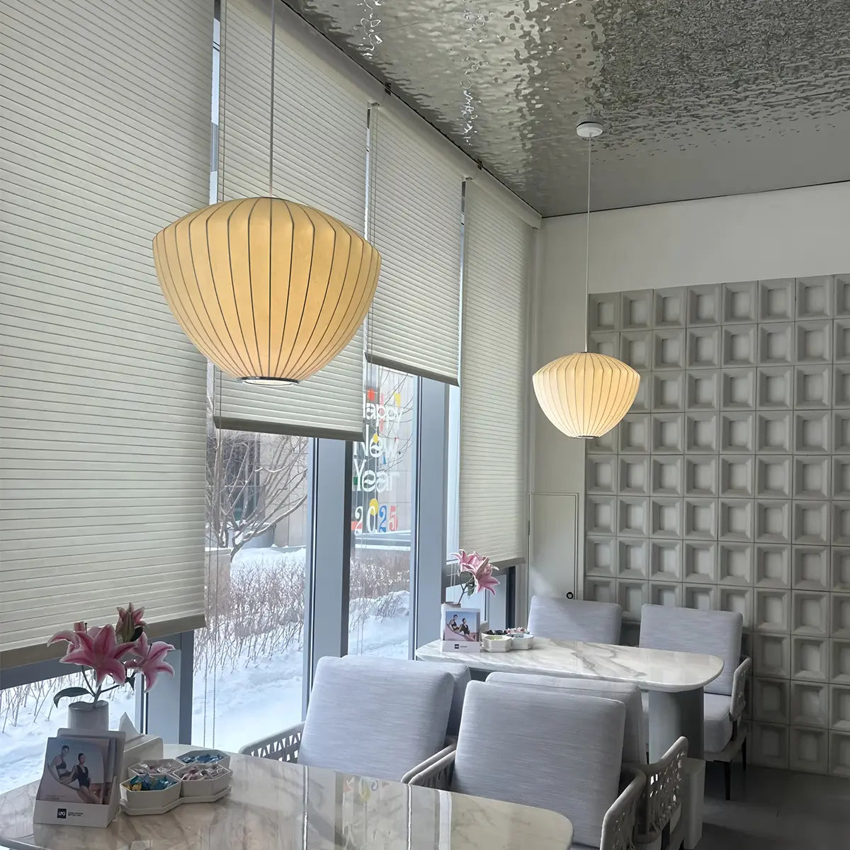 Vintage LED Silk Lantern Pendant Light | Adjustable Height, Sloped Ceiling Friendly & Ideal for Living Rooms and Dining Areas