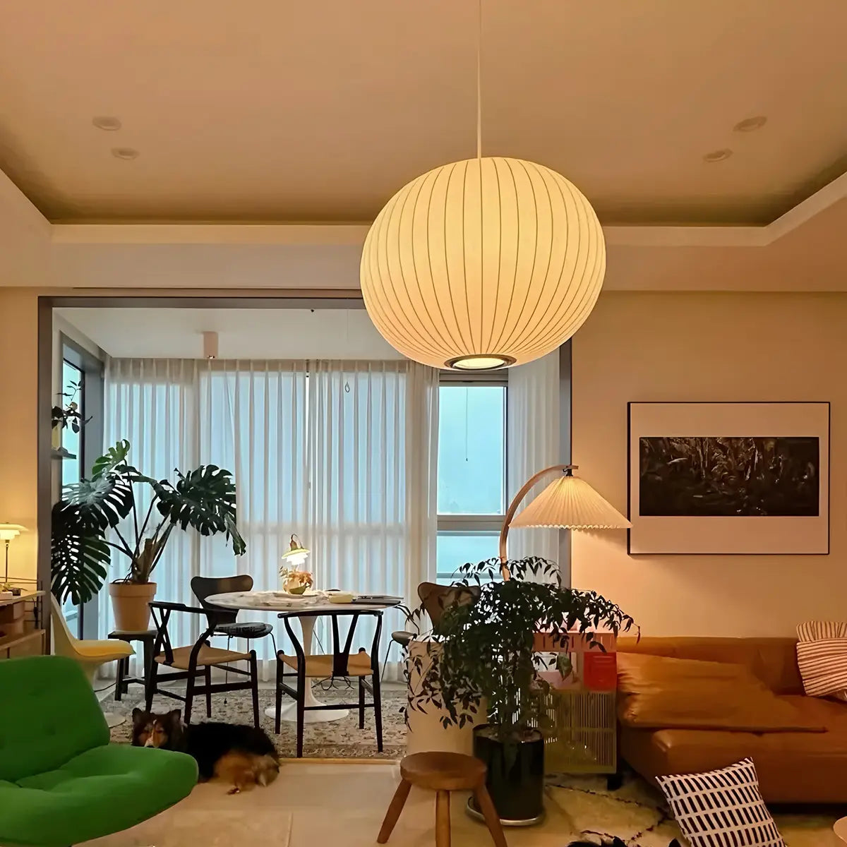 Vintage LED Silk Lantern Pendant Light | Adjustable Height, Sloped Ceiling Friendly & Ideal for Living Rooms and Dining Areas