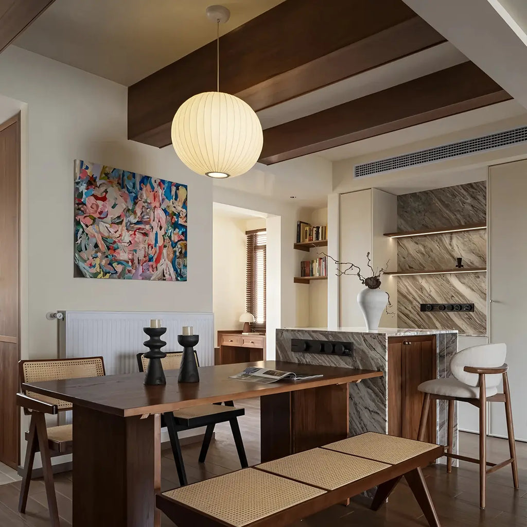 Vintage LED Silk Lantern Pendant Light | Adjustable Height, Sloped Ceiling Friendly & Ideal for Living Rooms and Dining Areas
