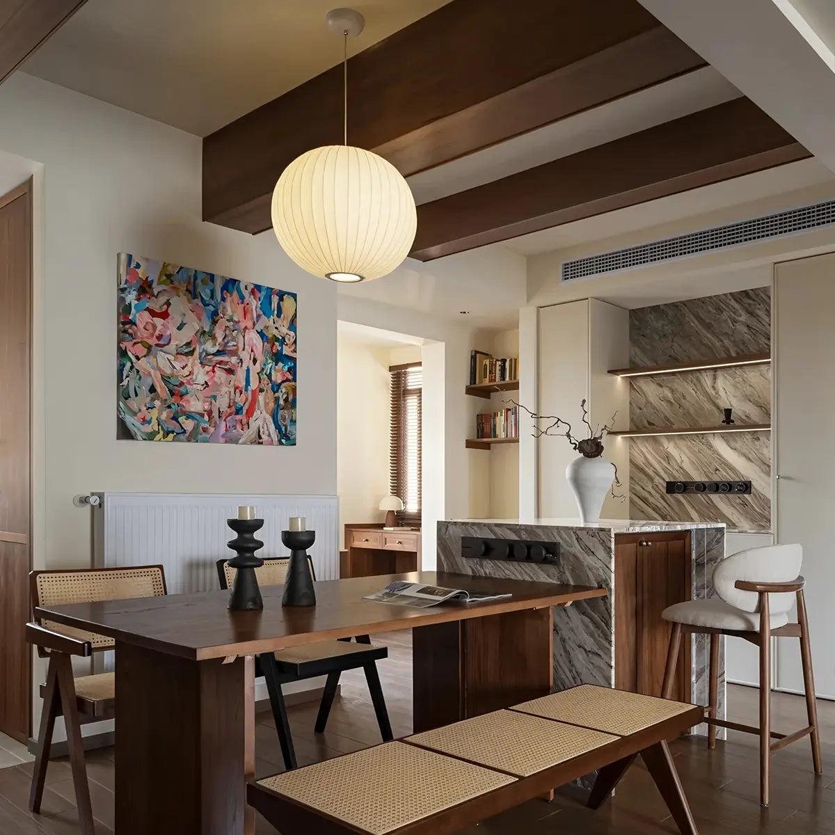 Vintage LED Silk Lantern Pendant Light | Adjustable Height, Sloped Ceiling Friendly & Ideal for Living Rooms and Dining Areas