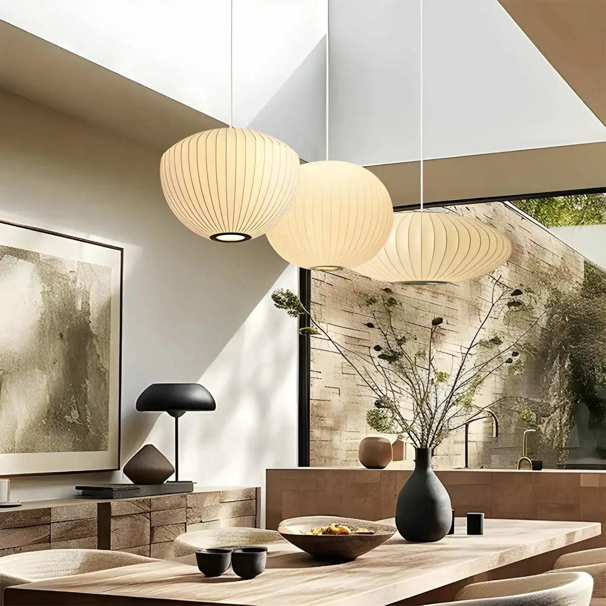 Vintage LED Silk Lantern Pendant Light | Adjustable Height, Sloped Ceiling Friendly & Ideal for Living Rooms and Dining Areas