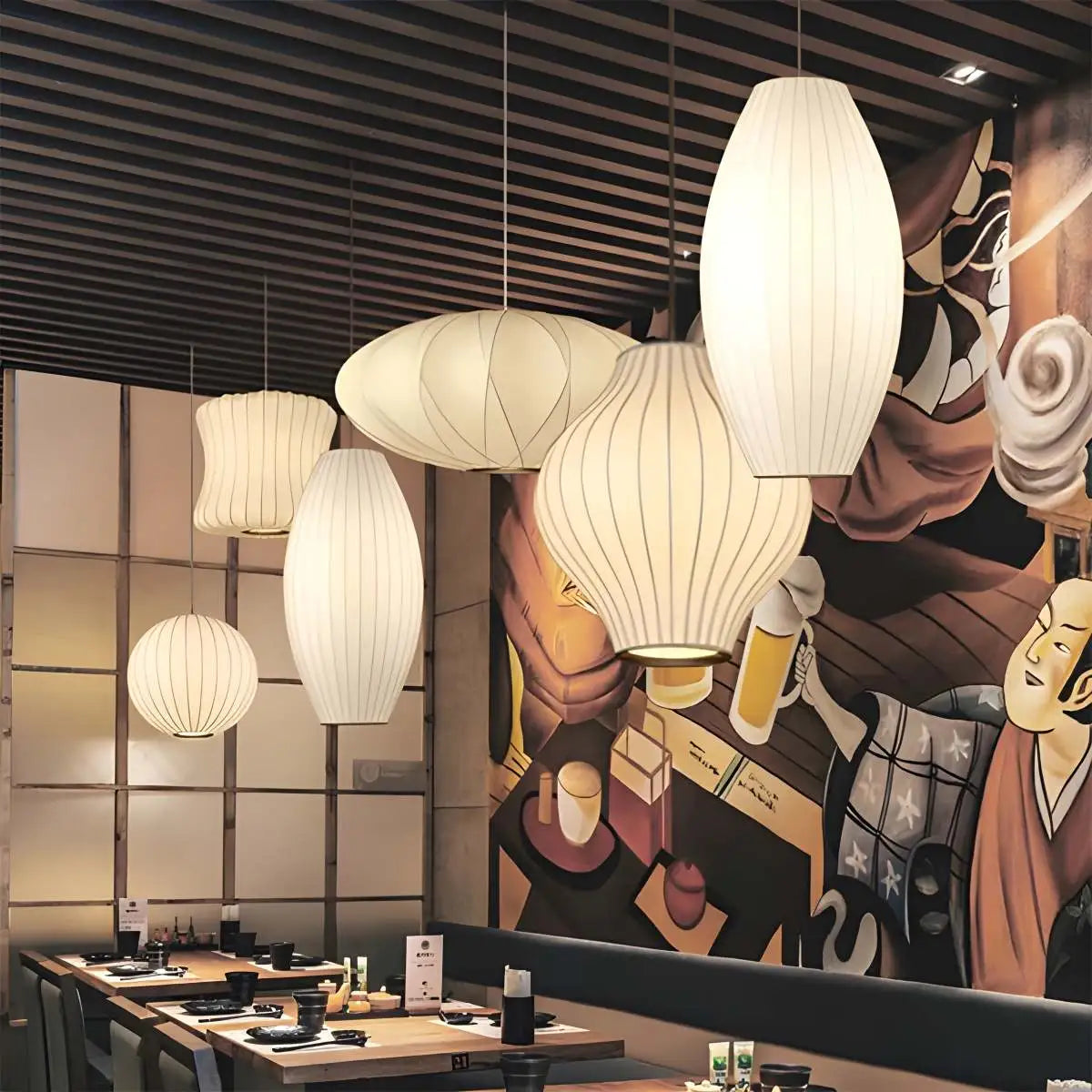 Vintage LED Silk Lantern Pendant Light | Adjustable Height, Sloped Ceiling Friendly & Ideal for Living Rooms and Dining Areas