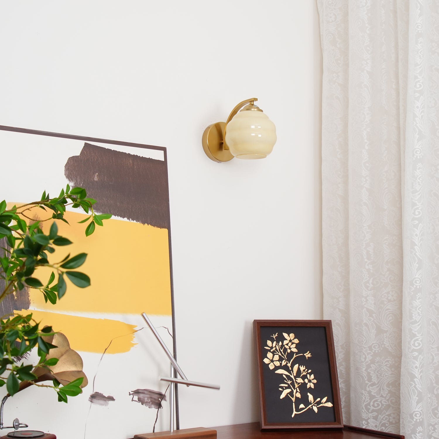 Art Deco Plug-in Wall Lamp | Vintage Gold or Chrome Finish with White Glass Shade for Indoor Use