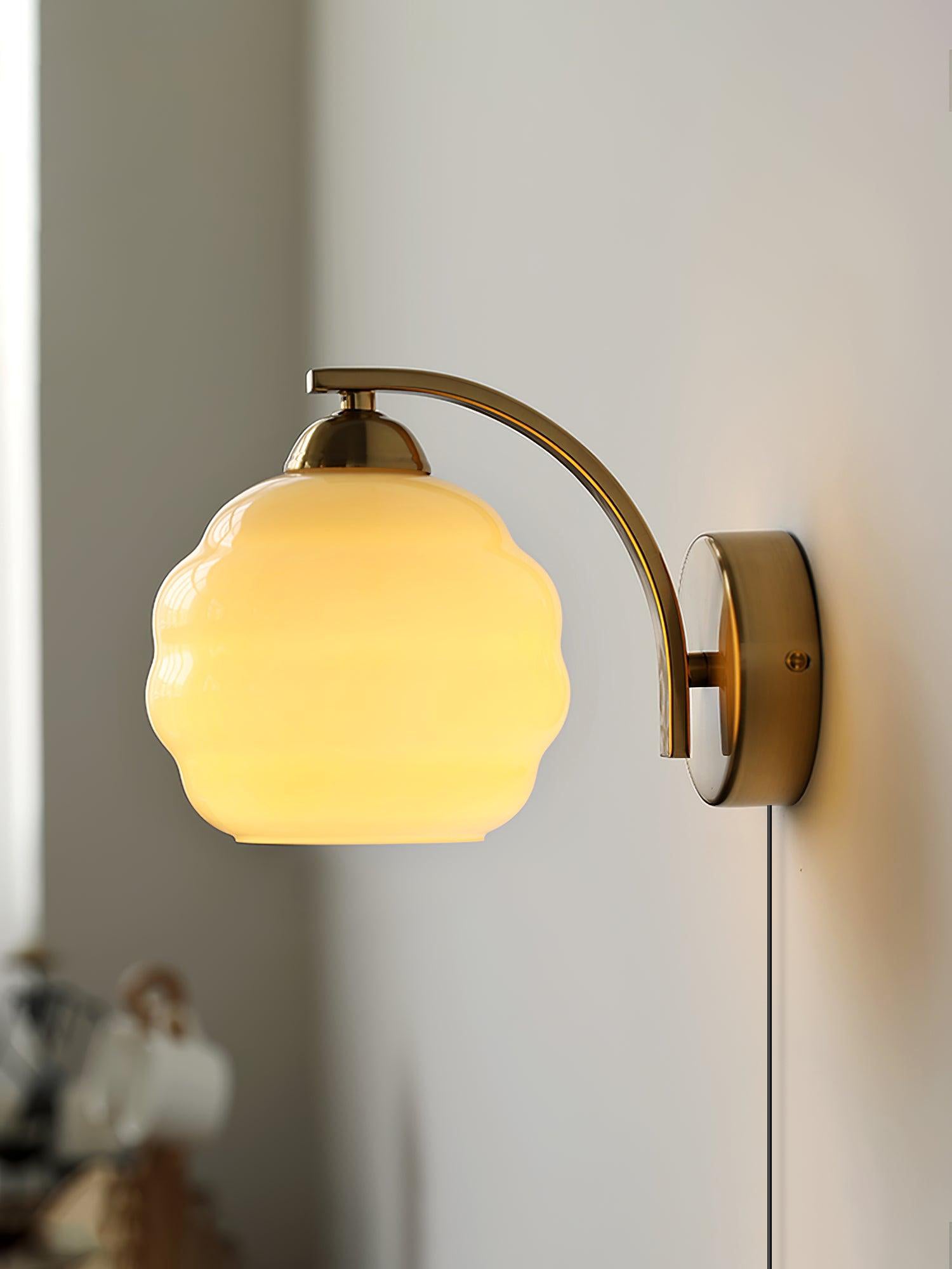 Art Deco Plug-in Wall Lamp | Vintage Gold or Chrome Finish with White Glass Shade for Indoor Use