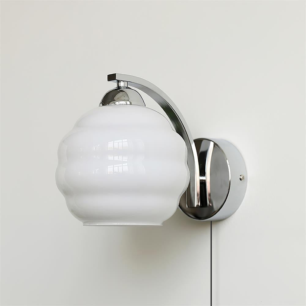 Art Deco Plug-in Wall Lamp | Vintage Gold or Chrome Finish with White Glass Shade for Indoor Use