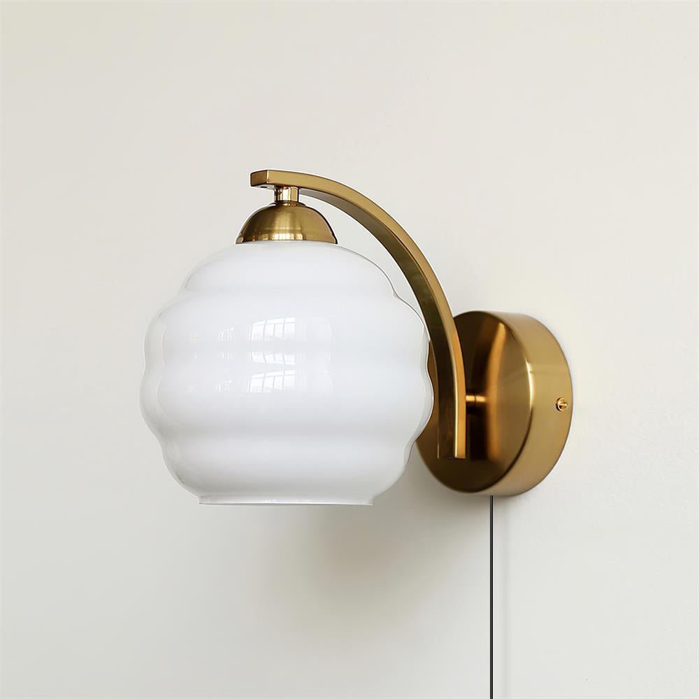 Art Deco Plug-in Wall Lamp | Vintage Gold or Chrome Finish with White Glass Shade for Indoor Use