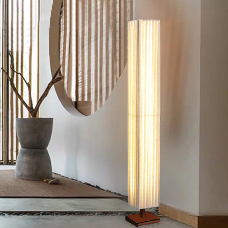 LED Standing Floor Lamp - Traditional Japanese Column Design with Walnut Fabric Shade for Living Room Lighting