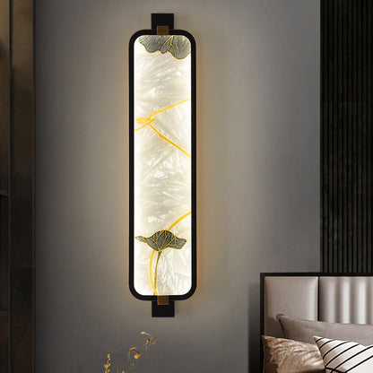 LED Wall Sconce Lamp - Traditional Chinese Iron & Brass Rectangular Design with Glass Enamel Carving for Bedside Lighting