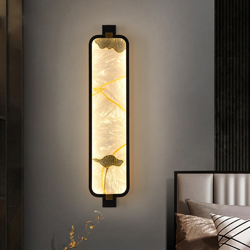 LED Wall Sconce Lamp - Traditional Chinese Iron & Brass Rectangular Design with Glass Enamel Carving for Bedside Lighting