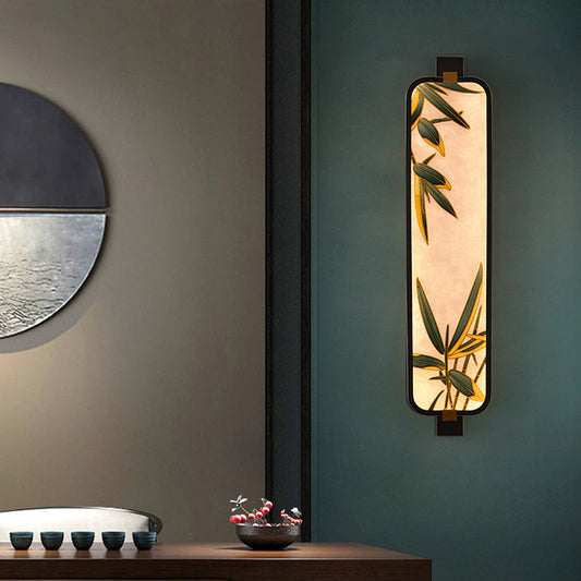 LED Wall Sconce Lamp - Traditional Chinese Iron & Brass Rectangular Design with Glass Enamel Carving for Bedside Lighting