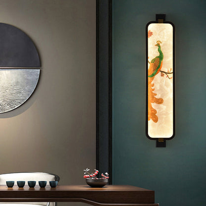 LED Wall Sconce Lamp - Traditional Chinese Iron & Brass Rectangular Design with Glass Enamel Carving for Bedside Lighting