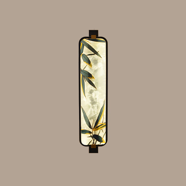 LED Wall Sconce Lamp - Traditional Chinese Iron & Brass Rectangular Design with Glass Enamel Carving for Bedside Lighting