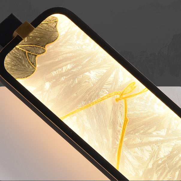 LED Wall Sconce Lamp - Traditional Chinese Iron & Brass Rectangular Design with Glass Enamel Carving for Bedside Lighting