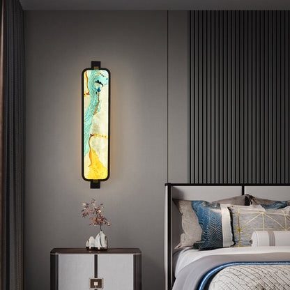 LED Wall Sconce Lamp - Traditional Chinese Iron & Brass Rectangular Design with Glass Enamel Carving for Bedside Lighting