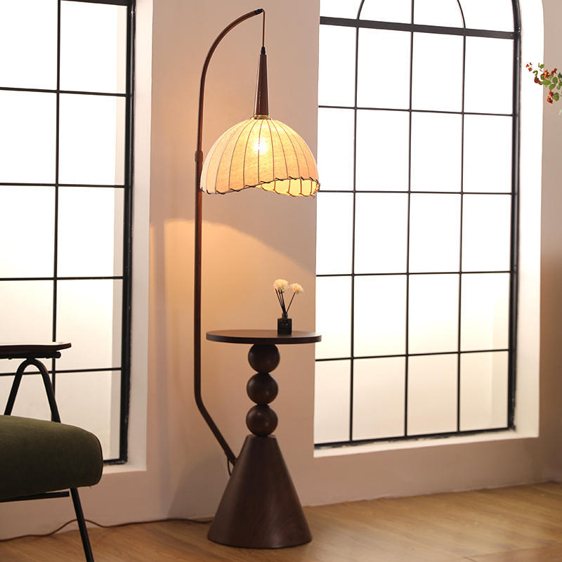 LED Floor Lamp with Wood and Iron Dome Shade, 1-Light Standing Design for Living Room & Home Decor