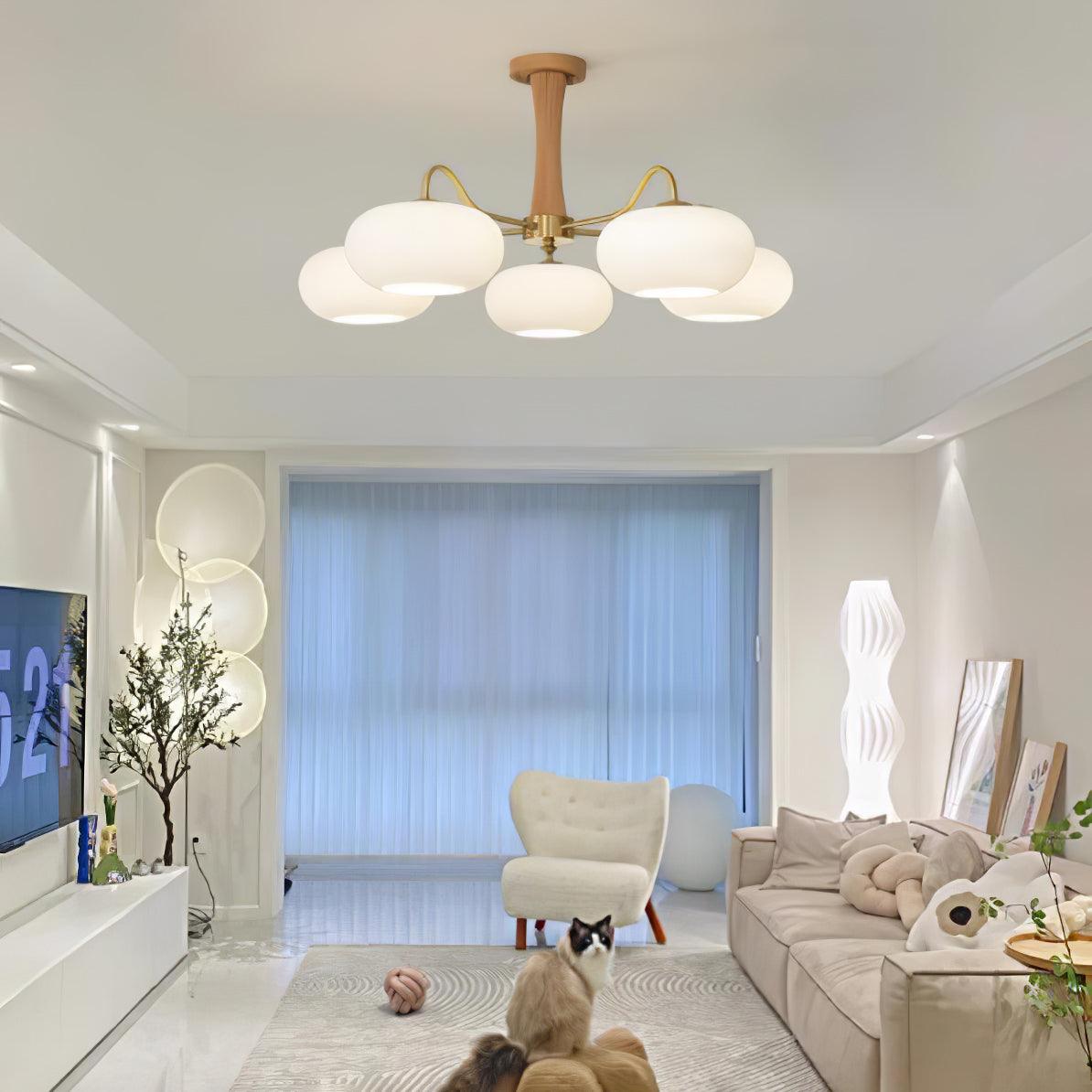 Brass Wooden Persimmon Chandelier | Intricate Glass Design & LED Compatible for Living Room, Hallway, or Bedroom