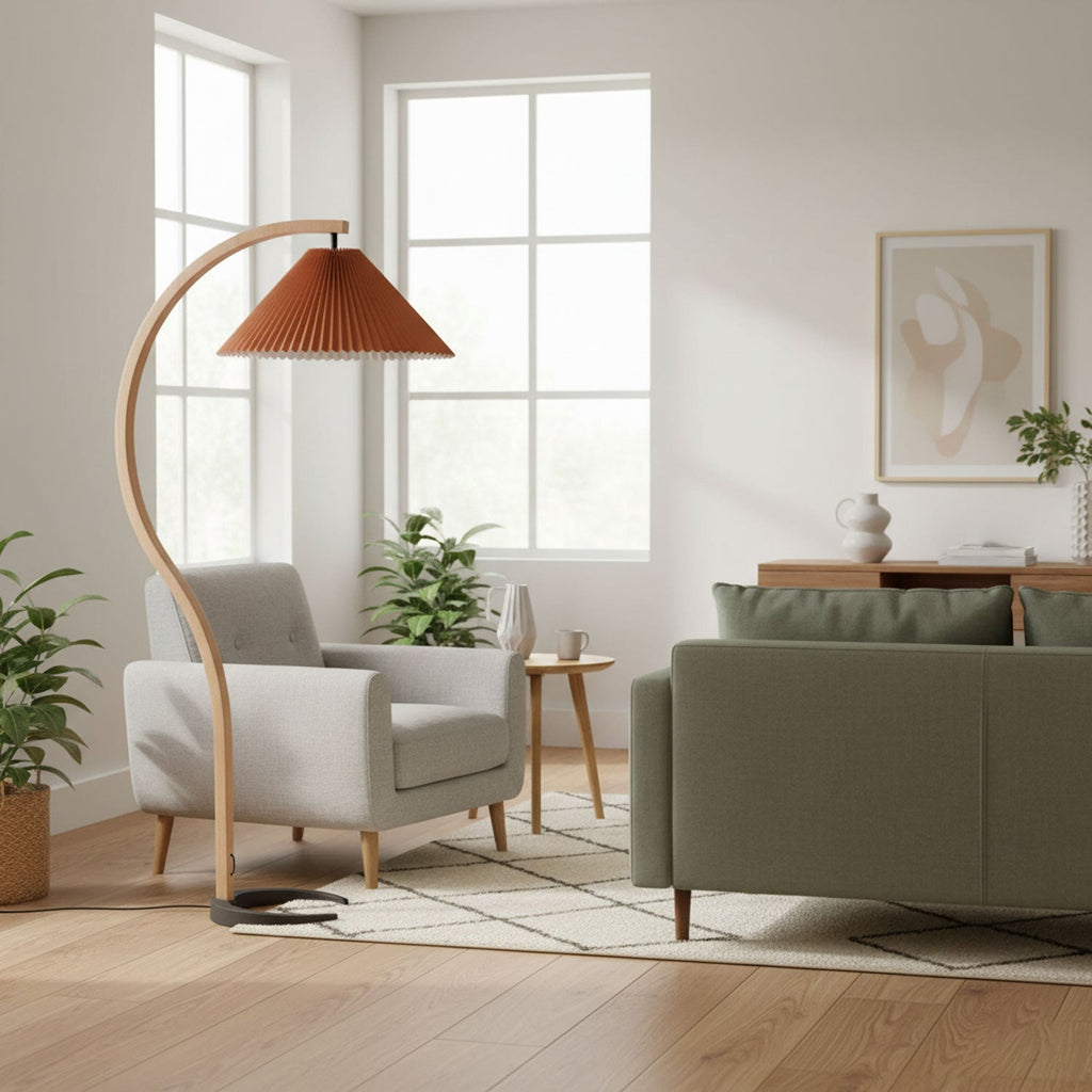 Scandinavian Floor Lamp | Beech Wood & Linen Shade in White, Beige, or Coffee for Modern Indoor Spaces