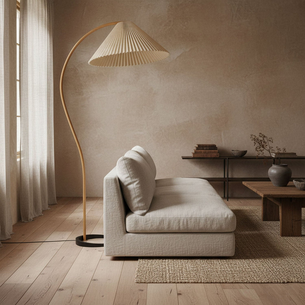Scandinavian Floor Lamp | Beech Wood & Linen Shade in White, Beige, or Coffee for Modern Indoor Spaces