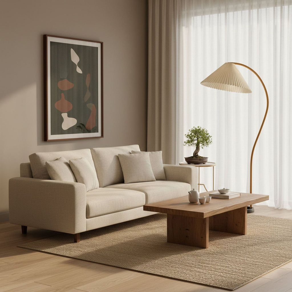 Scandinavian Floor Lamp | Beech Wood & Linen Shade in White, Beige, or Coffee for Modern Indoor Spaces
