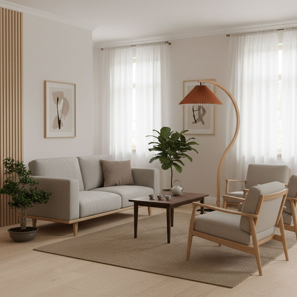 Scandinavian Floor Lamp | Beech Wood & Linen Shade in White, Beige, or Coffee for Modern Indoor Spaces