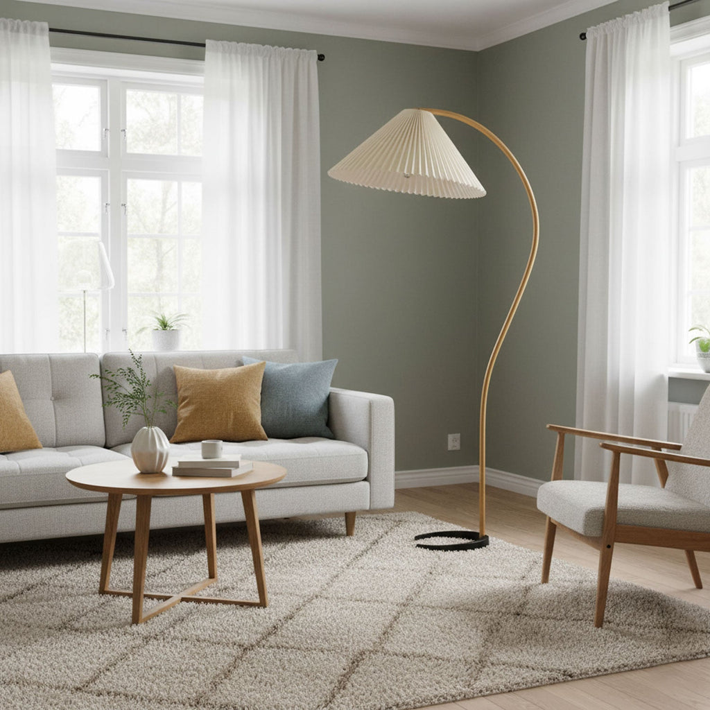 Scandinavian Floor Lamp | Beech Wood & Linen Shade in White, Beige, or Coffee for Modern Indoor Spaces