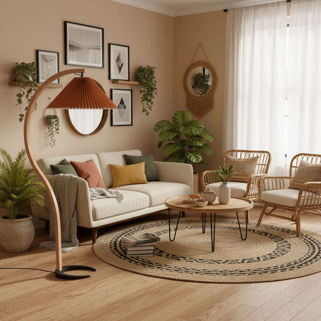 Scandinavian Floor Lamp | Beech Wood & Linen Shade in White, Beige, or Coffee for Modern Indoor Spaces