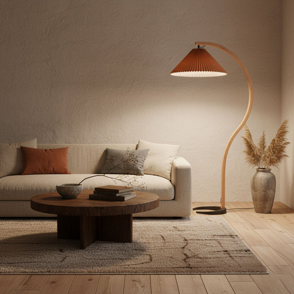 Scandinavian Floor Lamp | Beech Wood & Linen Shade in White, Beige, or Coffee for Modern Indoor Spaces