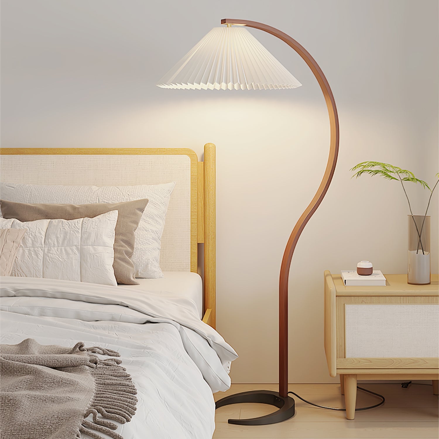 Scandinavian Floor Lamp | Beech Wood & Linen Shade in White, Beige, or Coffee for Modern Indoor Spaces