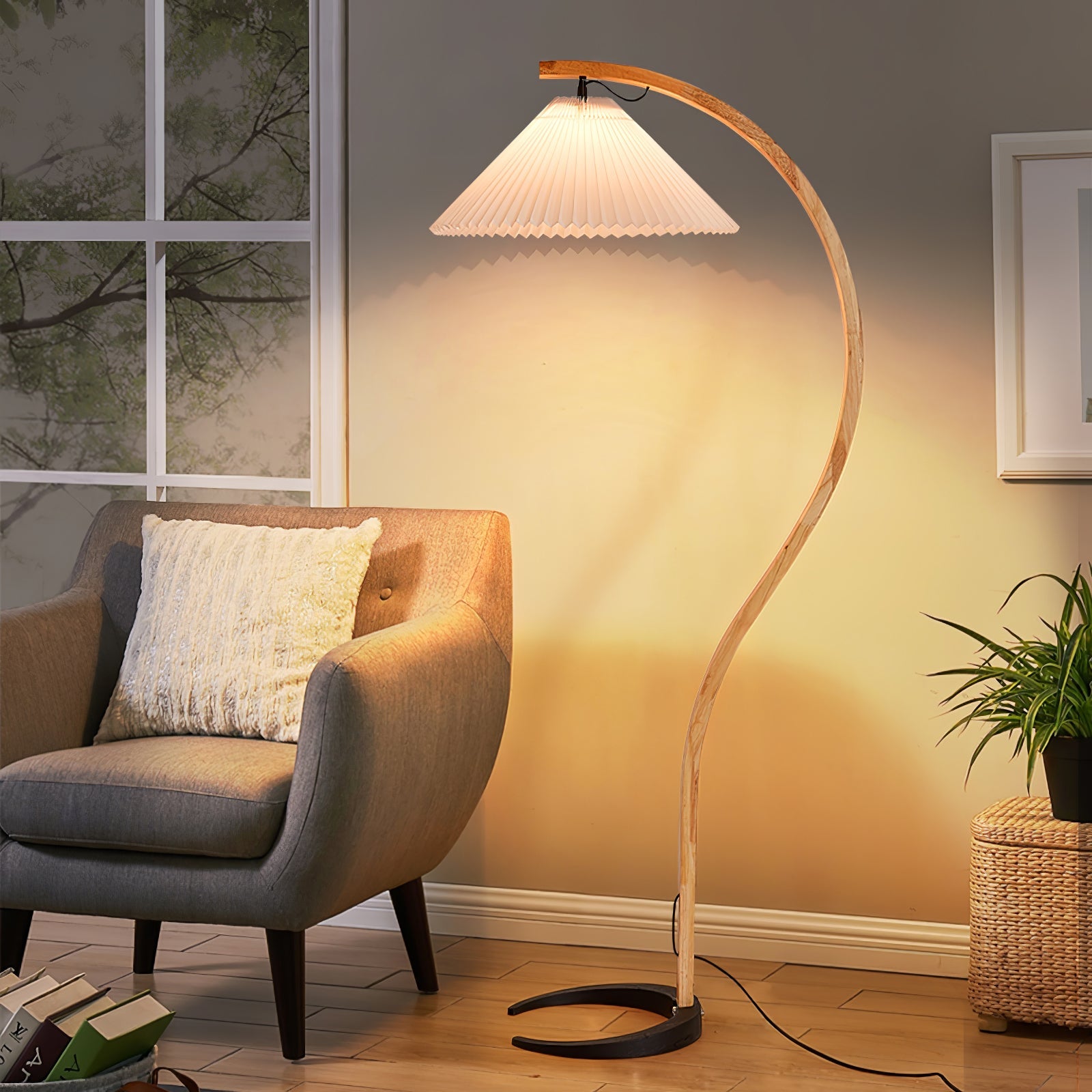 Scandinavian Floor Lamp | Beech Wood & Linen Shade in White, Beige, or Coffee for Modern Indoor Spaces