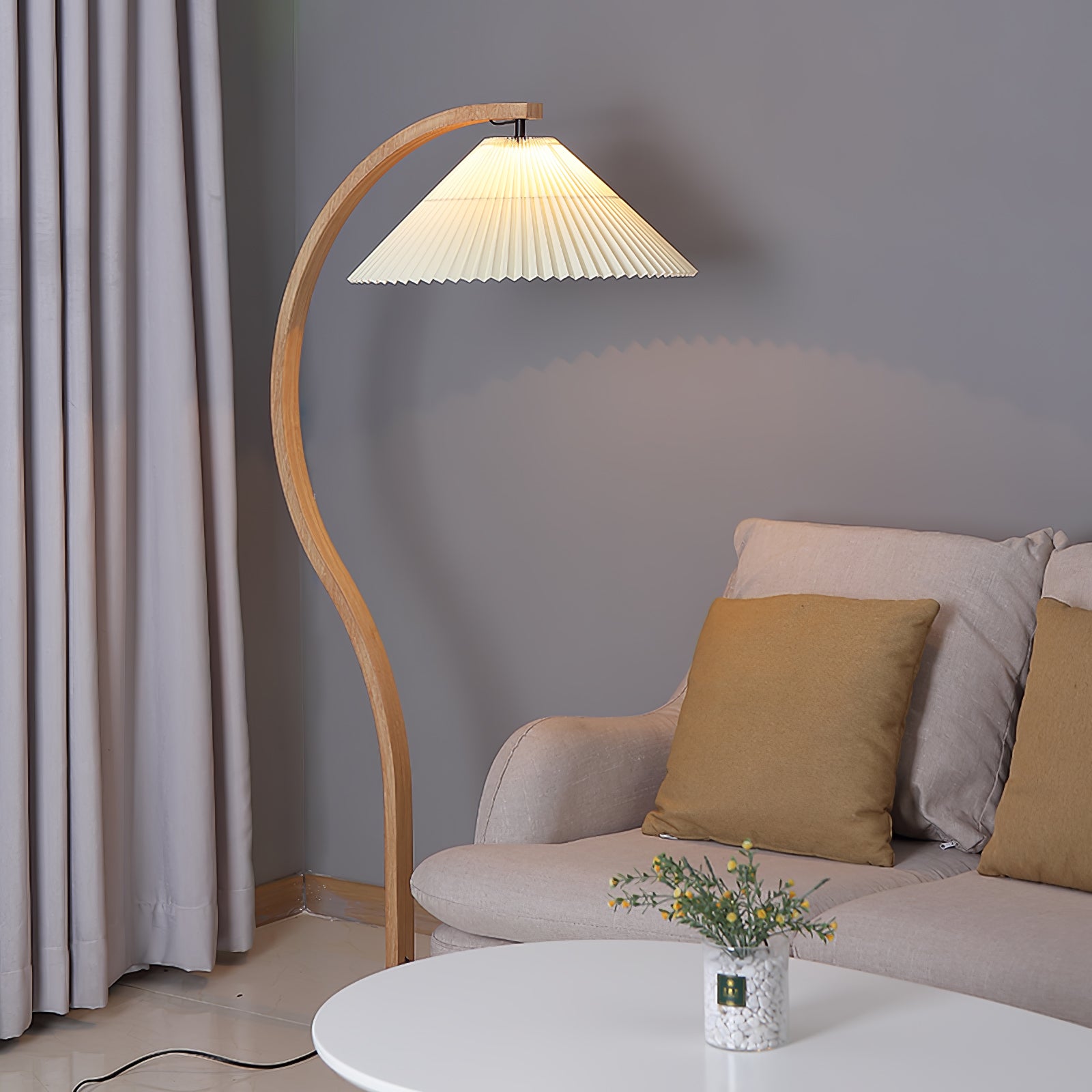 Scandinavian Floor Lamp | Beech Wood & Linen Shade in White, Beige, or Coffee for Modern Indoor Spaces