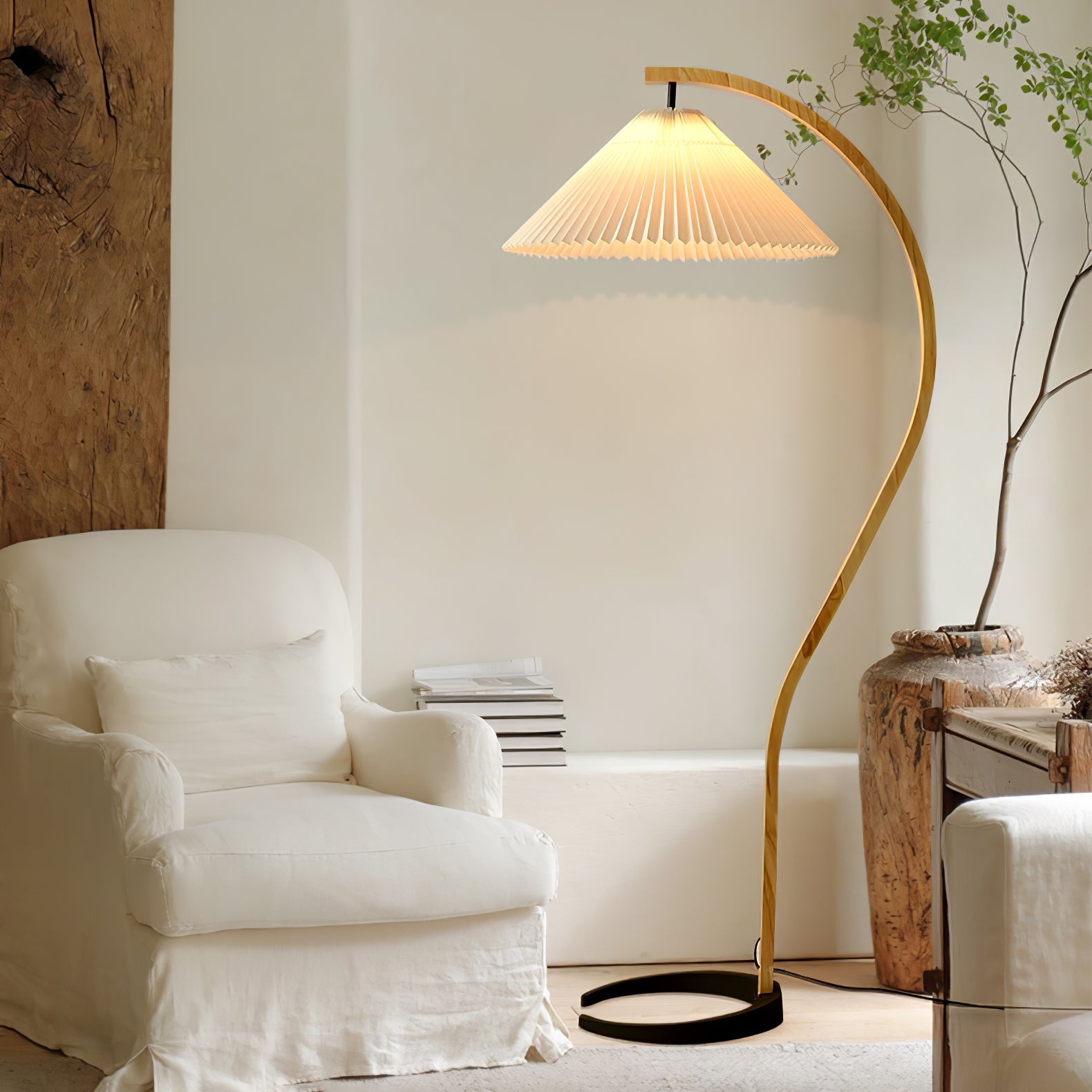Scandinavian Floor Lamp | Beech Wood & Linen Shade in White, Beige, or Coffee for Modern Indoor Spaces