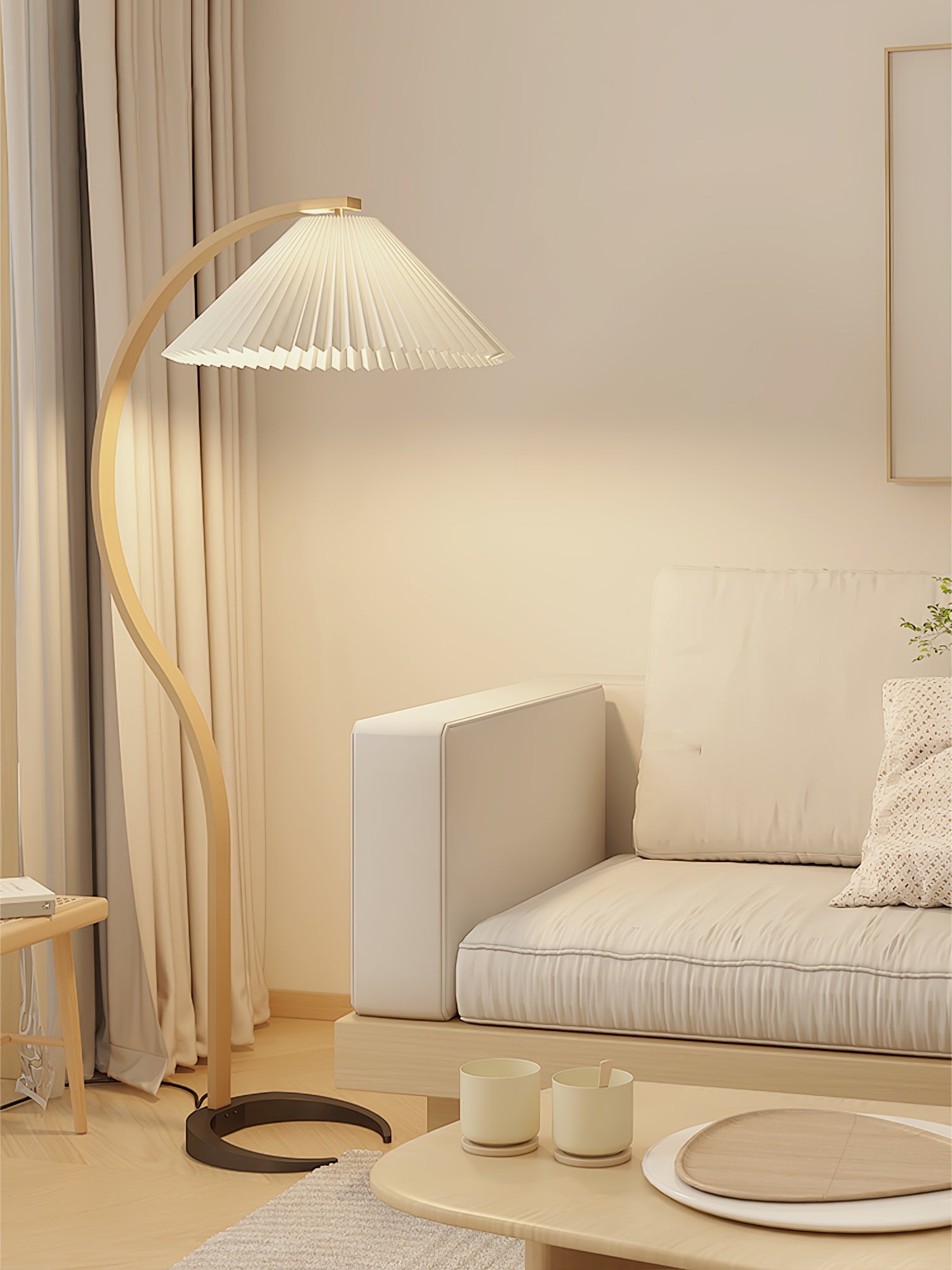 Scandinavian Floor Lamp | Beech Wood & Linen Shade in White, Beige, or Coffee for Modern Indoor Spaces