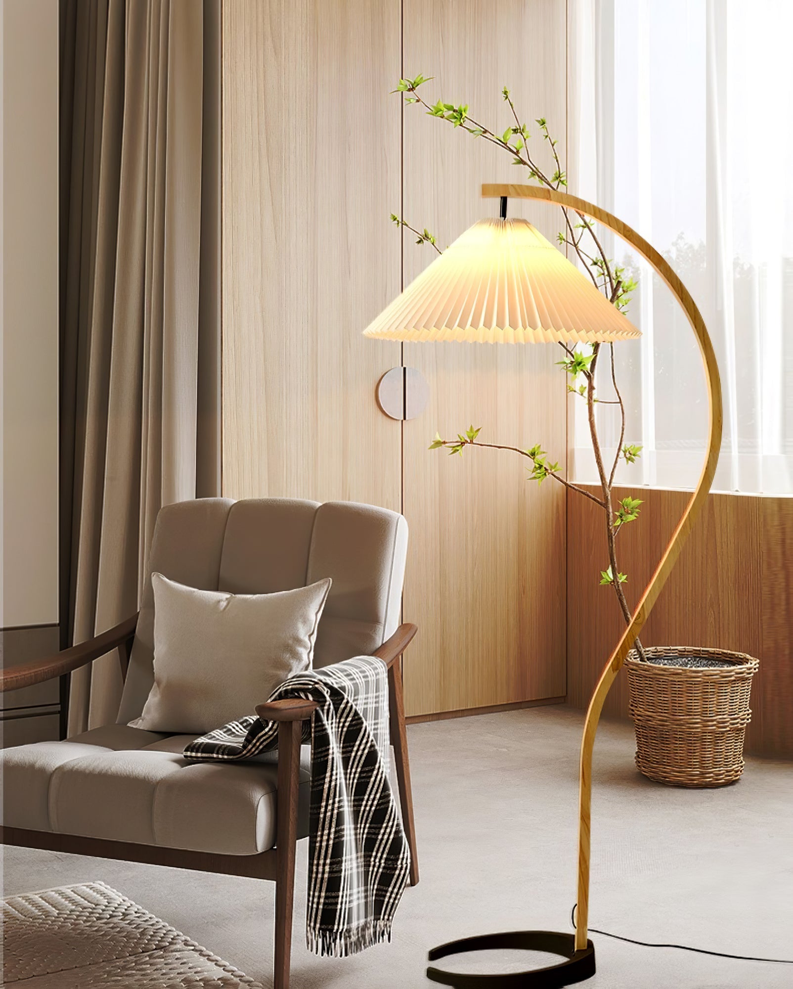Scandinavian Floor Lamp | Beech Wood & Linen Shade in White, Beige, or Coffee for Modern Indoor Spaces