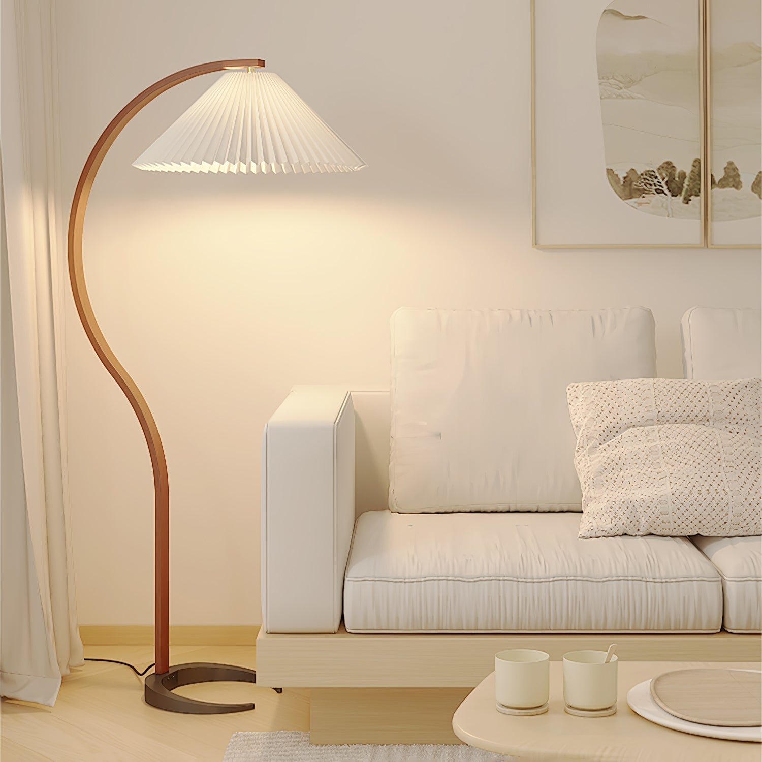 Scandinavian Floor Lamp | Beech Wood & Linen Shade in White, Beige, or Coffee for Modern Indoor Spaces