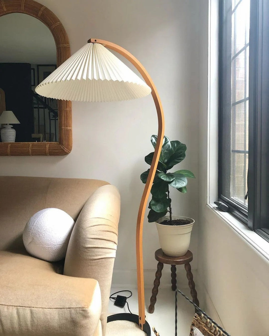 Scandinavian Floor Lamp | Beech Wood & Linen Shade in White, Beige, or Coffee for Modern Indoor Spaces