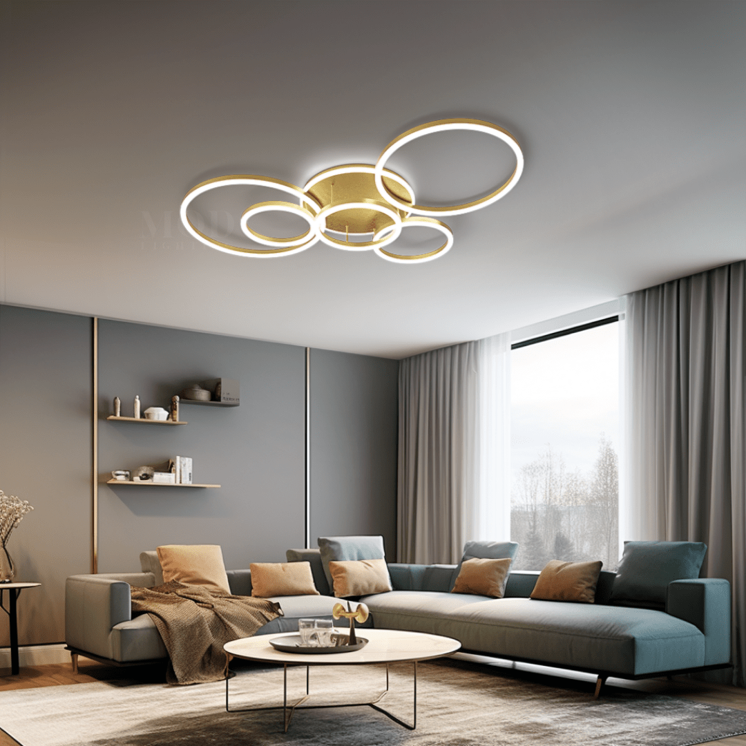 Modern Configurable Ceiling Light – 2–6 Circle Glam LED Fixture in Gold or Black for Living & Dining Rooms